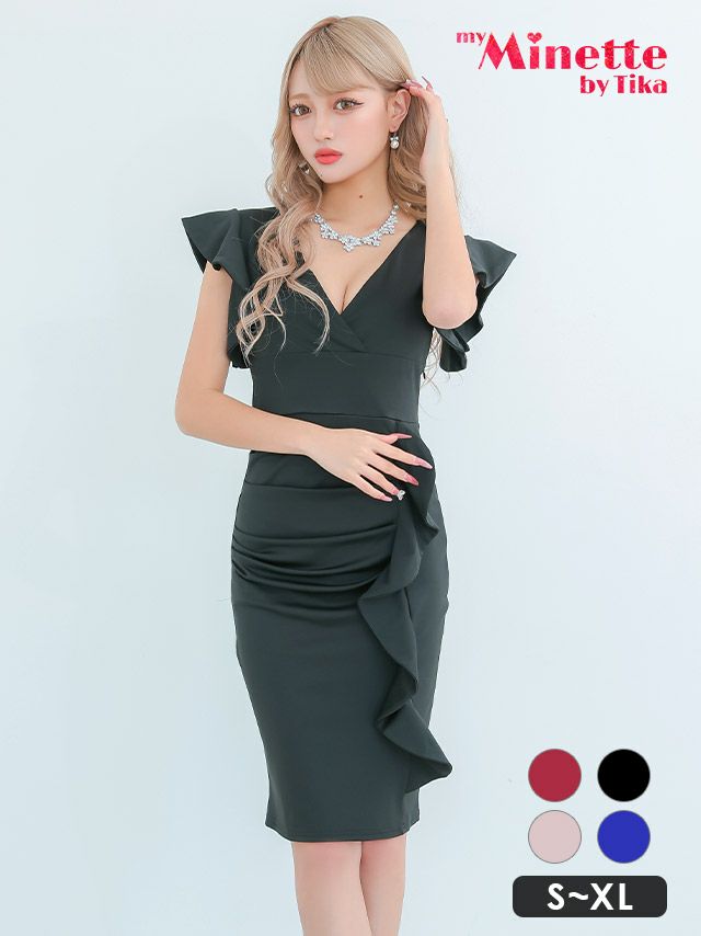 Vネックゴージャスフリル袖ギャザー入りワンカラー膝丈タイトプチプラドレス