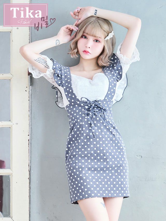 キャバクラ 韓国ドレス 大きいサイズ ミニ丈 Tika ティカ オフショルダーレース×ドット柄ショルダーフリルサロペットデザインガーリースタイルタイトミニドレス