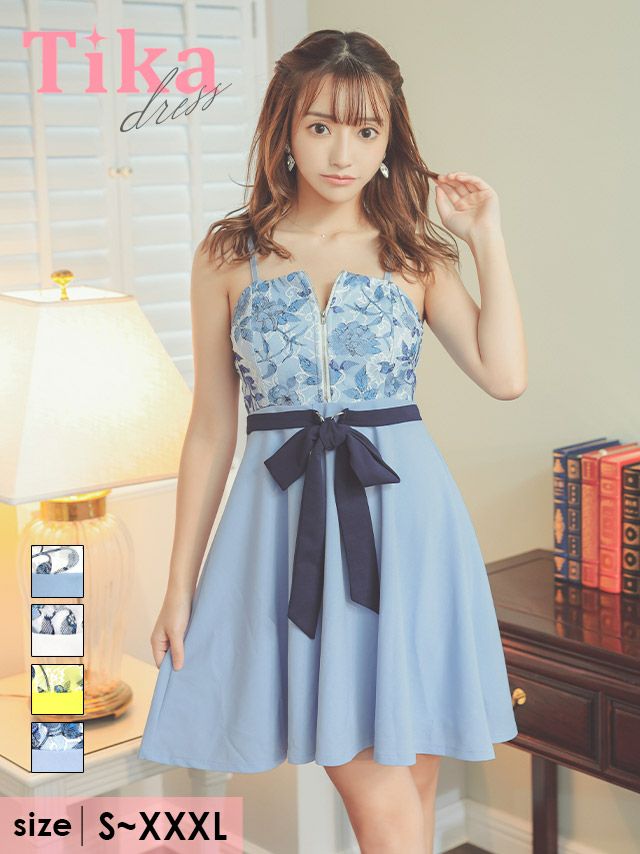 キャバドレス ミニ丈 Aライン キャバクラ 大きいサイズ Tika ティカ キャミソールフラワーレースバストジップウエストベリボンフレアミニドレス