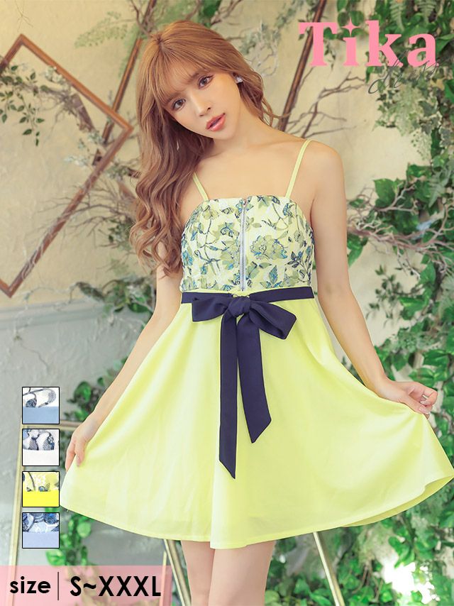 キャバドレス ミニ丈 Aライン 大きいサイズ Tika ティカ フロントジップフラワーレースキャミソール切り替えウエストベリボンフレアミニドレス