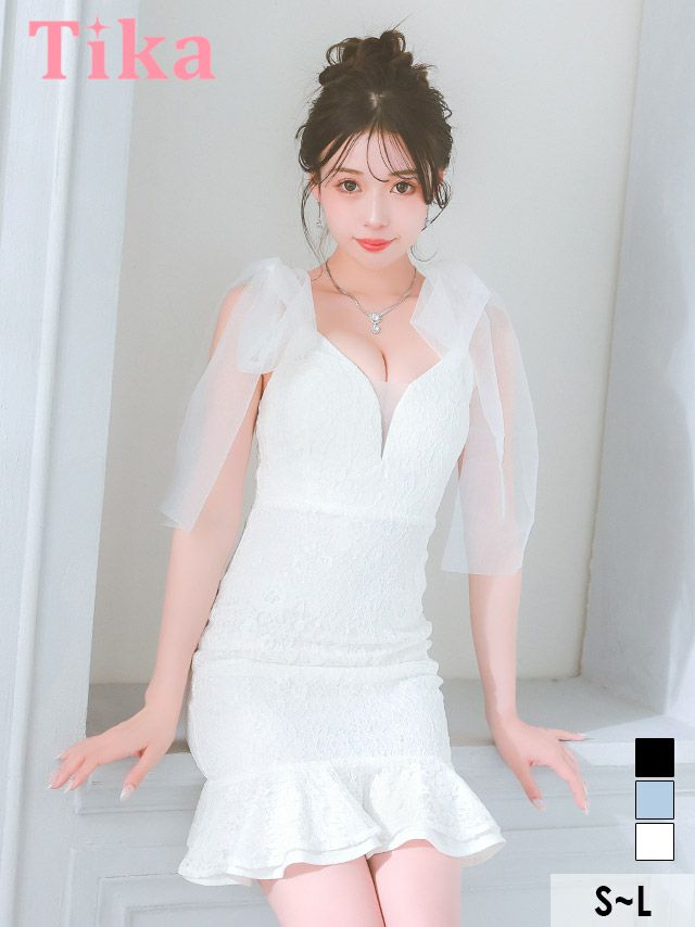 キャバドレス ミディアムドレス 大きいサイズ Tika ティカ チュールリボンレイヤードキャミソール総レース裾フリル膝丈タイトドレス