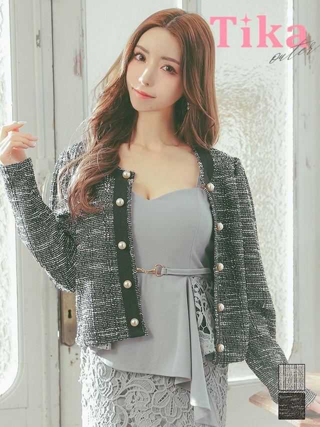 羽織り キャバクラ カーディガン ボレロ ショート丈 結婚式 お呼ばれ Tika ティカ 縁取りノーカラーパールニットボレロカーディガン