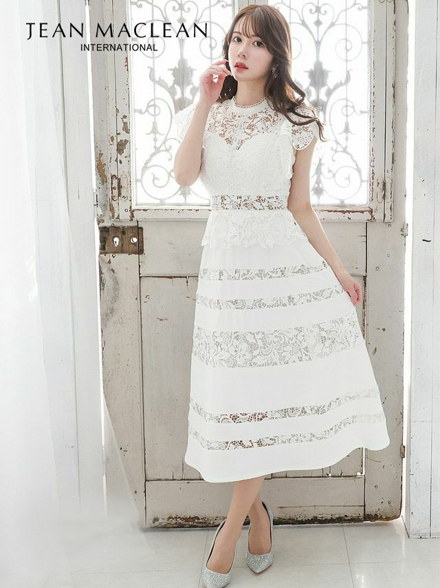 JEANMACLEAN ジャンマクレーン 高級フリル袖ワンカラー総レースデザイン半袖フレア膝丈ドレス
