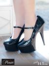 靴 パンプス ピンヒール 黒 美脚 Tika ティカ エナメルアンクルストラップ付き厚底ハイヒールパンプス