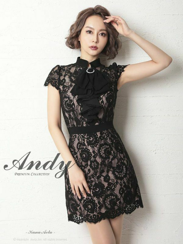 キャバドレス ミニドレス Andy アンディ 高級胸元フリルネックリボン総レースバイカラー半袖タイトミニドレス