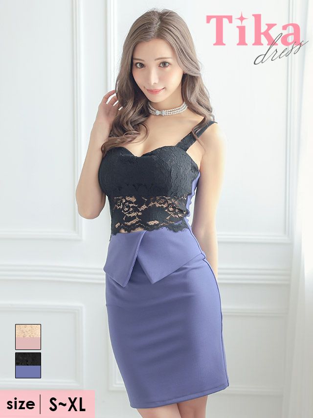 キャバドレス ミニ丈 大きいサイズ キャバクラ クラブ Tika ティカ フラワーレースキャミソールハイウエストカットアウト切り替え折り返しタイトミニドレス