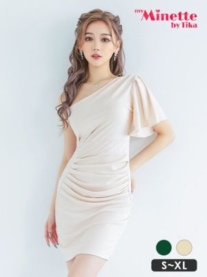 ワンショルダーウエストギャザータイトミニプチプラドレス (Sサイズ～XLサイズ) (せいせい/キャバドレス着用) [myMinette/マイミネット]