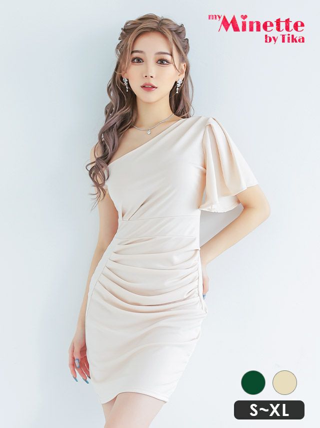 ワンショルダーウエストギャザータイトミニプチプラドレス