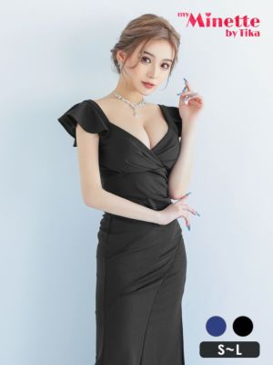 ワンカラーフリル袖バストクロスギャザーデザイン半袖プチプラマーメイドロングドレス (Sサイズ～Lサイズ) (せいせい/キャバドレス着用) [myMinette/マイミネット]
