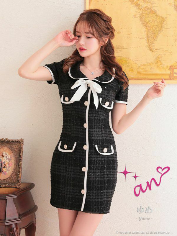 キャバドレス ミニドレス [an/アン]高級丸襟ネックリボンチェック柄ツイード半袖タイトミニドレス