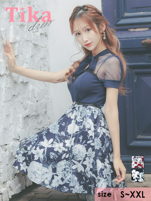 キャバドレス ミニ丈 Aライン 大きいサイズ Tika ティカ ウエストベルト付きネックリボン半袖シアーハートカットフラワープリントハイウエスト切替フレアミニドレス