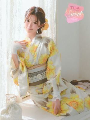 [浴衣 選べる帯] SWEET ベージュ地 水彩 ポピー ゆかた 3点セット (浴衣+平帯or作り帯+下駄)
