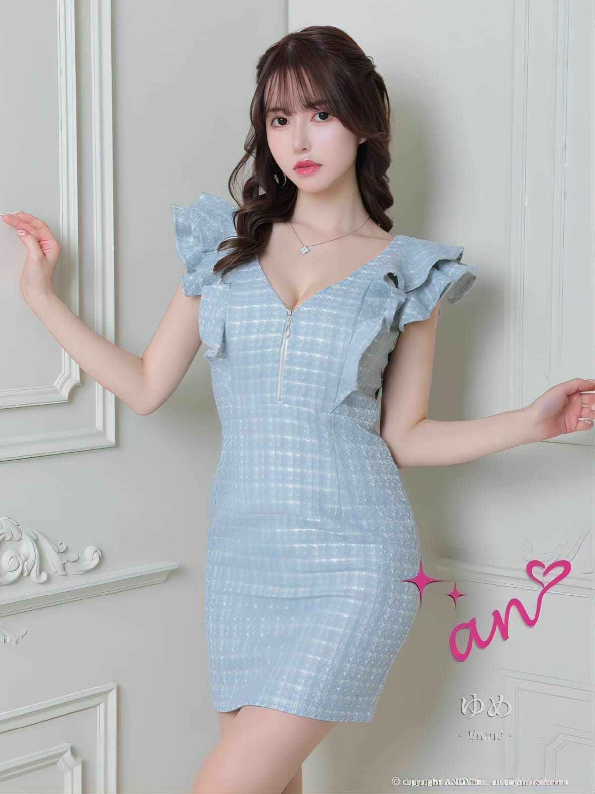 an アン 高級フリル袖ツイードフロントジップノースリーブタイトミニドレス