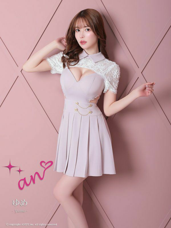an アン 高級襟付きフラワーレースバストカットくびれプリーツ半袖フレアミニドレス