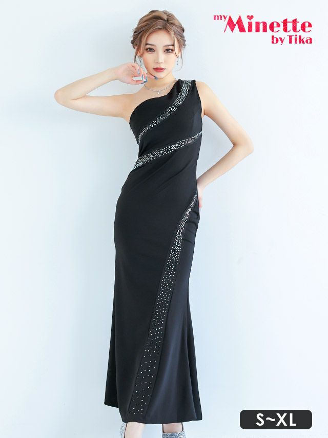 ワンショルダービジューラインタイトロングドレス