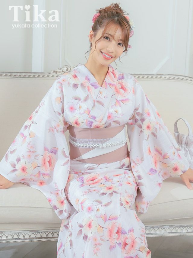浴衣 大人 レディース セット 古典 レトロ Tika ティカ ベビーピンク地×ニュアンスフラワー ゆかた3点セット