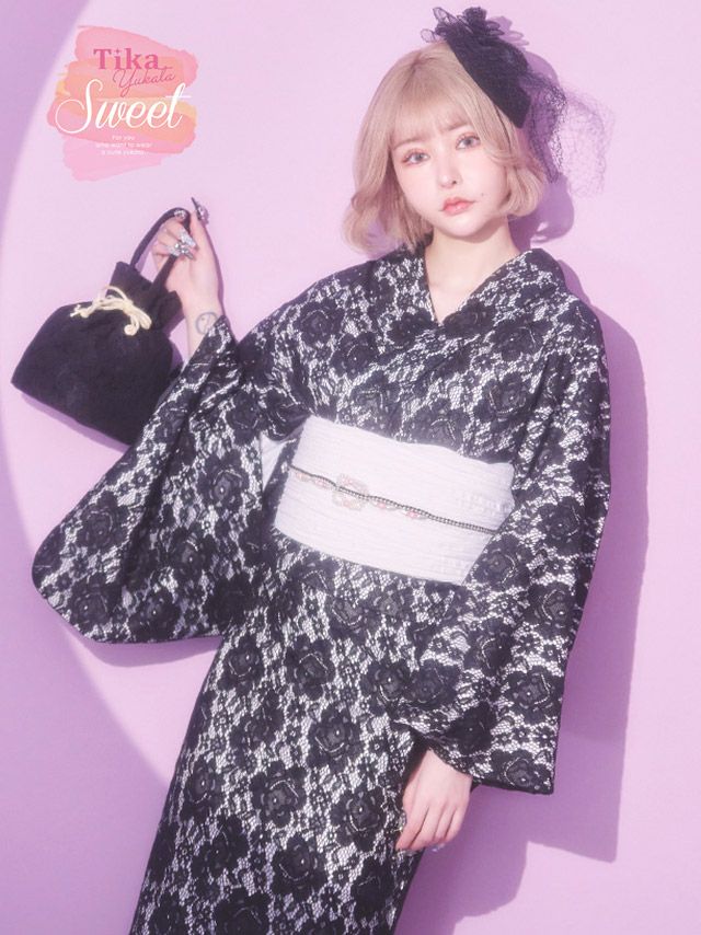 浴衣 レディース セット 高級  レトロ 古典 Tika ティカ ホワイト×ブラックフラワーレース ゆかた3点セット