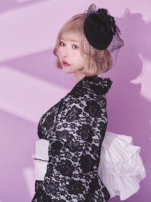 Tika SWEET ホワイト×ブラックフラワーレース 浴衣 戦慄かなの 浴衣] SWEET ホワイト×ブラックフラワーレース 3点セット