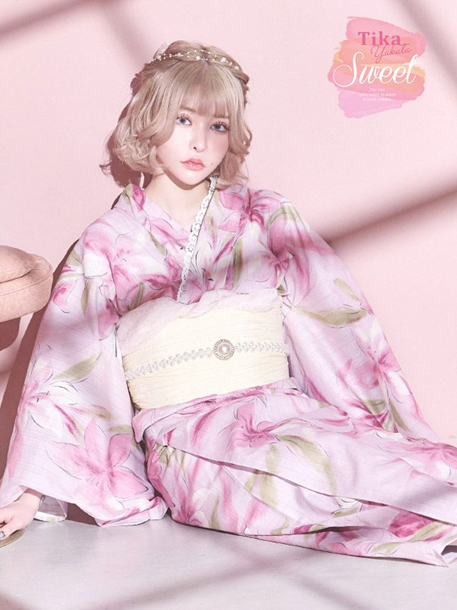 浴衣 レディース セット 古典 レトロ 祭り Tika ティカ ピンク地に水彩百合の花 ゆかた3点セット