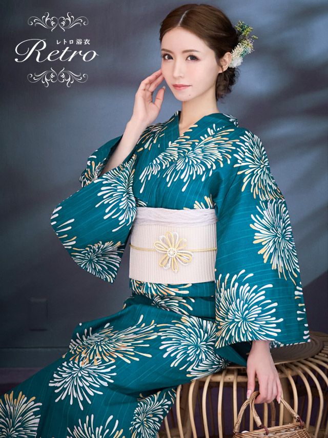 浴衣 レディース セット レトロ 古典 花火大会 Tika ティカ ターコイズに大輪花火 ゆかた3点セット