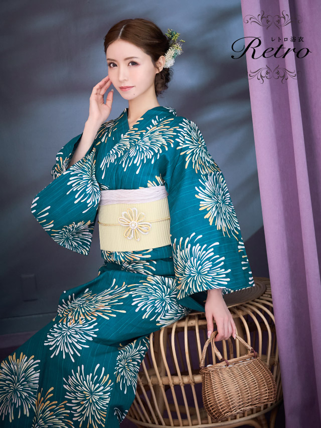 浴衣 レディース セット レトロ 古典 花火大会 Tika ティカ ターコイズに大輪花火 ゆかた3点セット