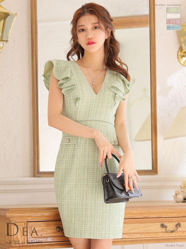 DEA.byROBEdeFLEURS ディアバイローブドフルール 高級フリル袖Vネックツイードウエスト切替ノースリーブタイトワンピース膝丈ドレス