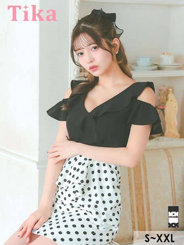 キャバドレス ミニ丈 大きいサイズ　 体型カバー キャバクラ クラブ Tika ティカ 肩あき胸元フリルアシメペプラム切り替えドット柄タイトミニドレス
