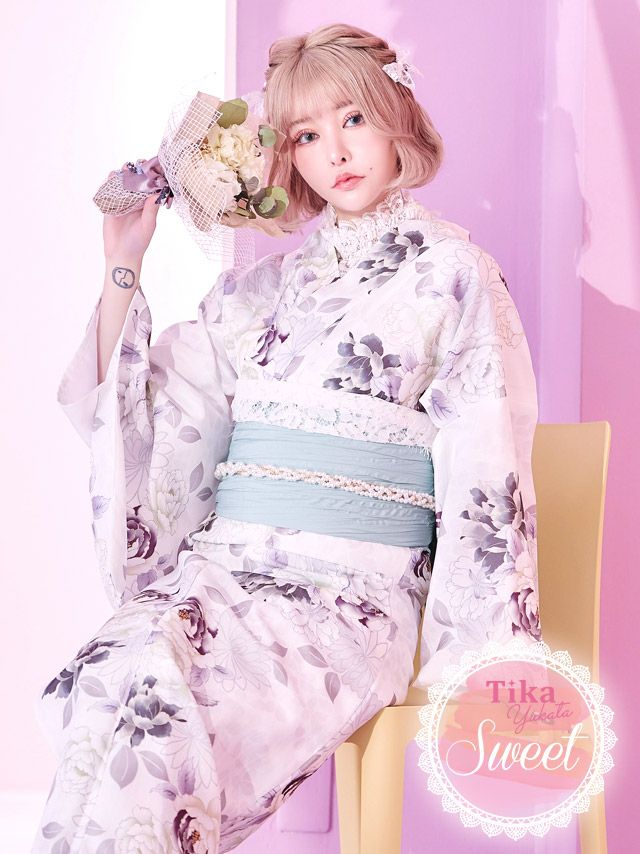浴衣 レディース セット モダン 古典 レトロ Tika ティカ 白地にニュアンス牡丹 ゆかた3点セット