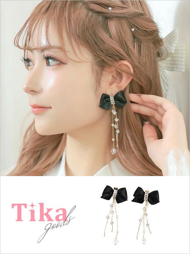 アクセサリー レディース ピアス 誕生日 プレゼント ギフト アクセ ゴールド 黒 Tika　ティカ ロングチェーンビジュー付きリボンピアス