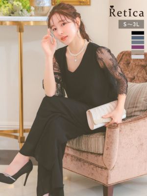 二次会におすすめシフォン5部袖ウエストゴムワンカラーパンツ結婚式パーティードレス [Retica/レティカ]