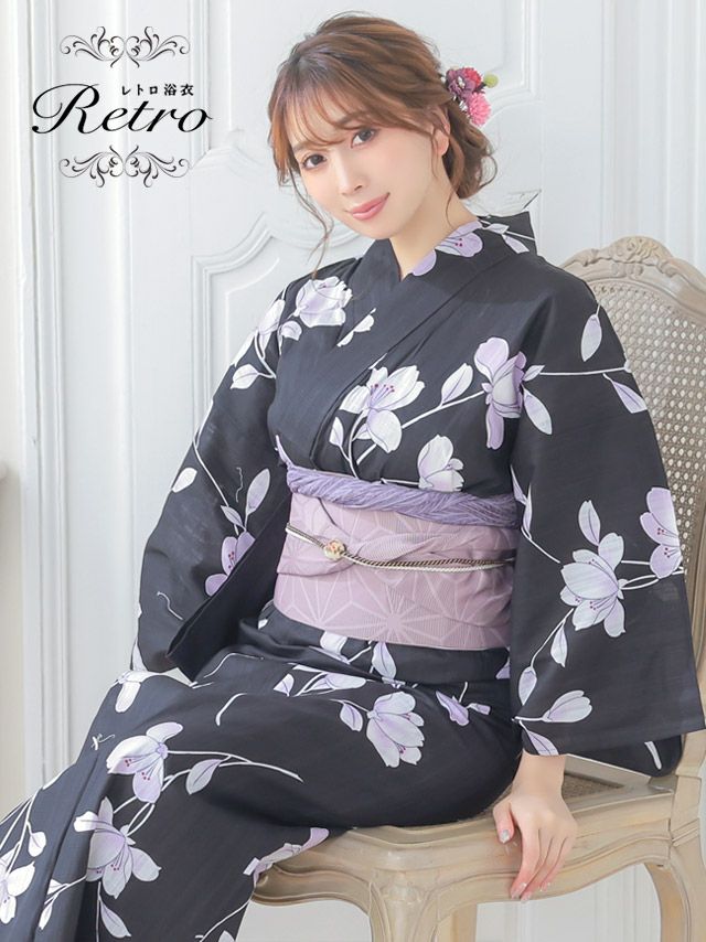 浴衣 レディース セット あやめ 古典 レトロ 高級 Tika ティカ 黒地にグラデーション菖蒲 ゆかた3点セット