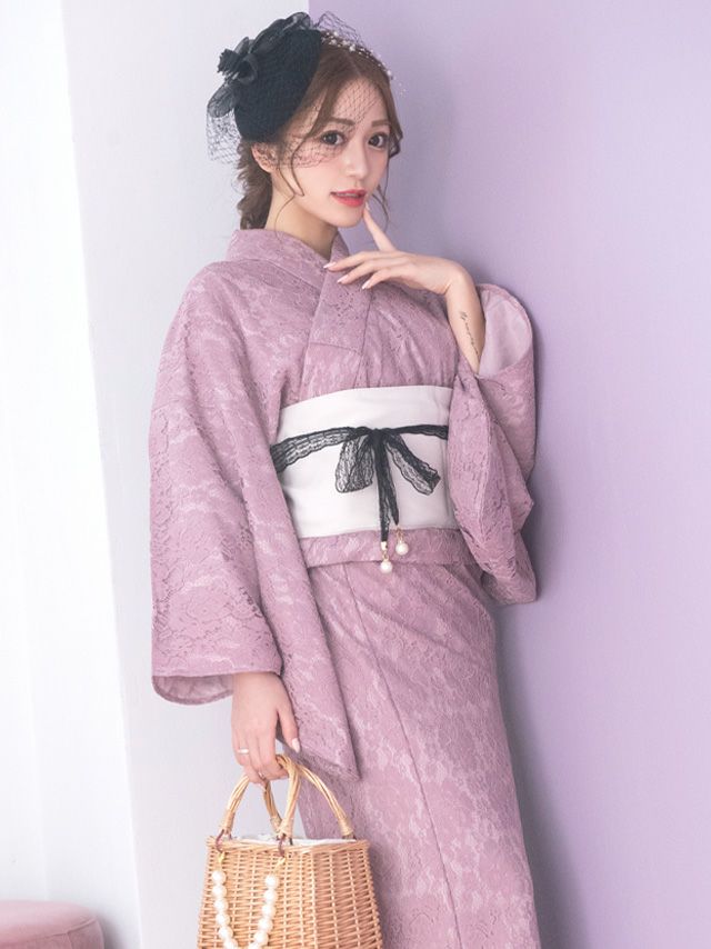 浴衣 レディース セット 高級 可愛い Tika ティカ くすみピンク総レース ゆかた3点セット