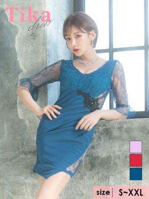 キャバドレス ミニ丈 七分袖 体型カバー キャバクラ Tika ティカ 袖ありレースベルスリーブサイドシアーフラワー刺繍切り替えアシメタイトミニドレス