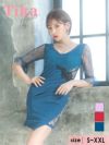 キャバドレス ミニ丈 七分袖 体型カバー キャバクラ Tika ティカ 袖ありレースベルスリーブサイドシアーフラワー刺繍切り替えアシメタイトミニドレス