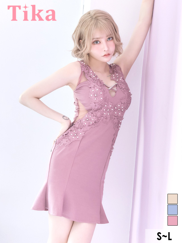 キャバドレス ミニ丈 大きいサイズ キャバクラ クラブ Tika ティカ 3Dフラワーパールバストクロスノースルーブシアーくびれ裾フリルタイトミニドレス