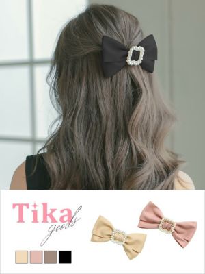 パール付きリボンバレッタヘアアクセサリー