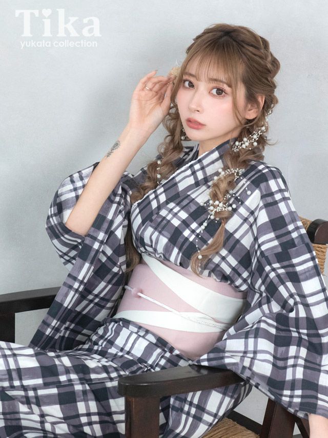 浴衣 レディース セット 作り帯 下駄 レトロ 古典 モノトーンチェック ゆかた3点セット