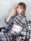 浴衣 レディース セット 作り帯 下駄 レトロ 古典 モノトーンチェック ゆかた3点セット