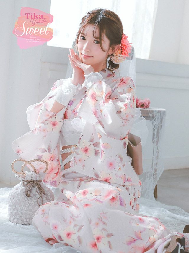 浴衣 レディース セット 作り帯 下駄 古典 レトロ Tika ティカ ピンクに水彩ニュアンスフラワー ゆかた3点セット