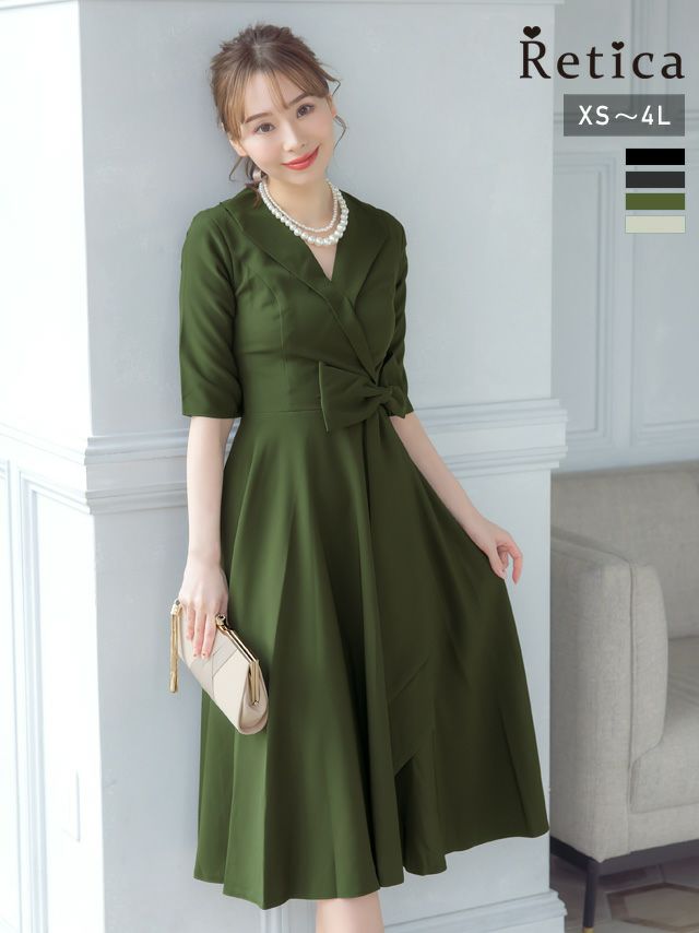 カシュクール風襟付きウエストリボンミモレ丈ハーフスリーブ結婚式パーティードレス