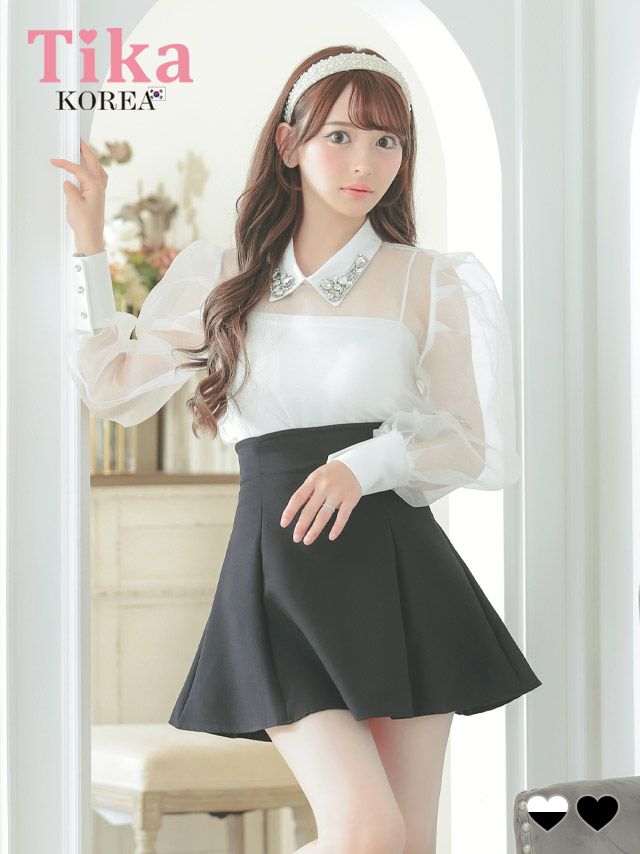キャバドレス セパレート ミニ丈 スカート トップス キャバクラ スナック Tika ティカ キャミソール付きビジュー襟付きシアーブラウス×スカートパンツセットアップドレス