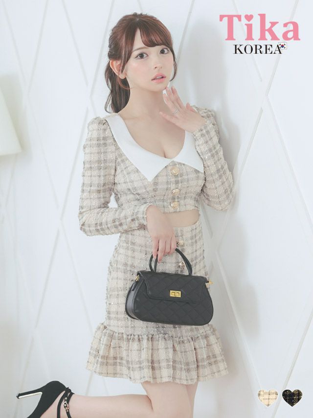 キャバドレス ミニ丈 韓国 袖あり 大きいサイズ Tika ティカ 長袖襟付きウエストカットアウト裾フリルガーリーチェックタイトミニドレス