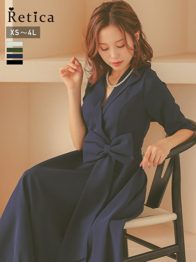 ウエストリボン襟付きVネックミモレ丈ハーフスリーブ結婚式パーティードレス