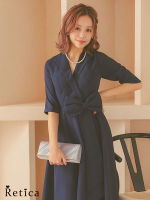 5部袖ウエストリボン襟付きVネック膝下結婚式...