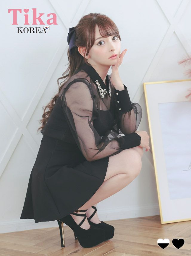 キャバドレス ミニ丈 韓国 セパレート 大きいサイズ Tika ティカ カップ付きキャミソール長袖シアーブラウススカパンセットアップドレス