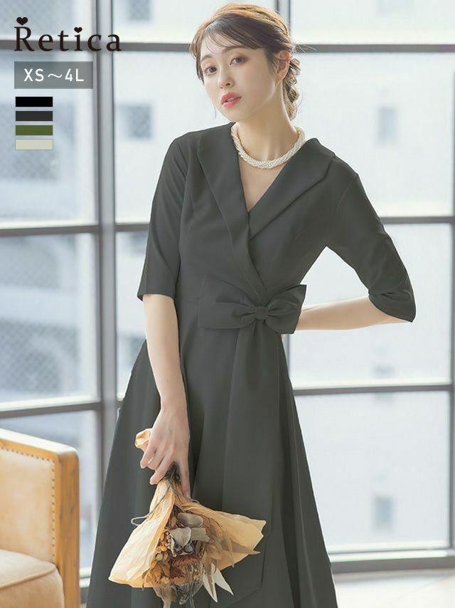 襟付きデザインカシュクール風ミモレ丈ハーフスリーブ結婚式パーティードレス