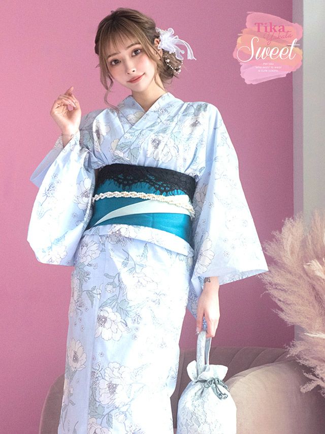 浴衣 レディース セット 作り帯 下駄 Tika ティカ パステルブルーに線画フラワー ゆかた3点セット