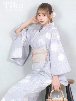 [浴衣] レトロ グレー地にとりどり菊 ゆか...