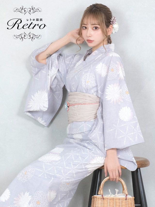 浴衣 レディース セット 帯 下駄 兵児帯 古典 レトロ Tika ティカ グレー地にとりどり菊