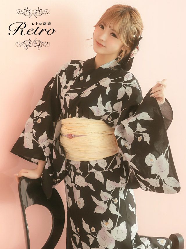 浴衣 レディース セット 古典 レトロ 下駄 兵児帯 帯 Tika ティカ 黒地に鬼灯リーフ ゆかた3点セット